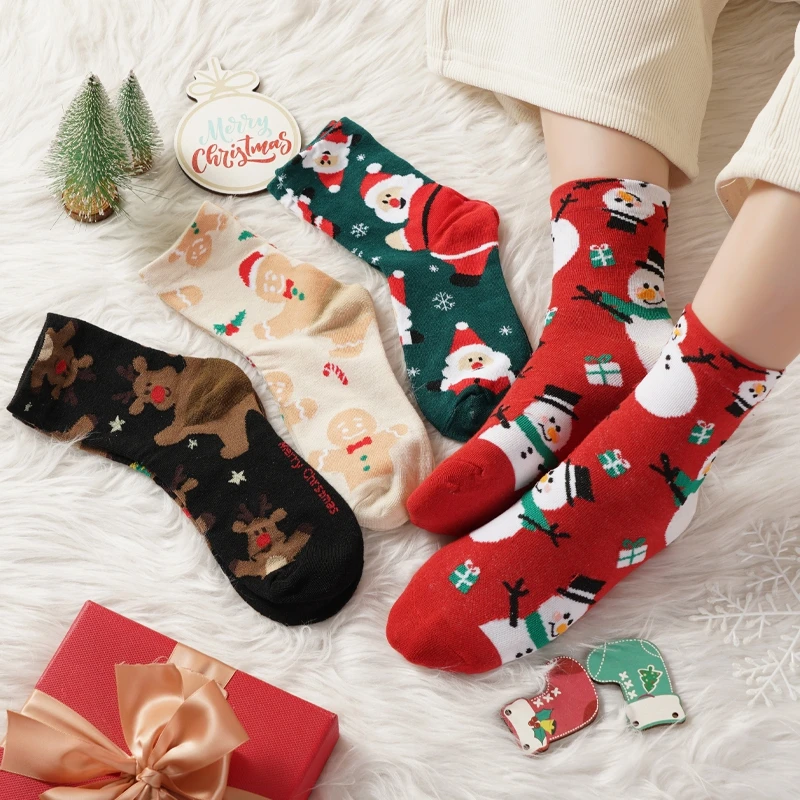 4 Pairs Christmas Socks Cute Cotton Breathable Fashoin Funny Middle Tube Sock Comfortable Casual Warm Winter Gift Socks