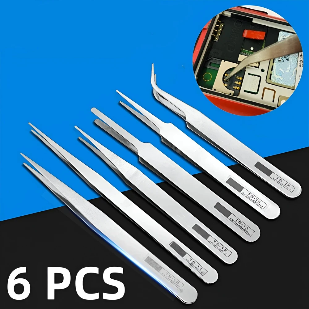 Tweezers Professional Watch Repair Tool Stainless Steel Straight Curved Tweezers Quartz Mechanical Watch Detail Repair 6pcs tweezer tool