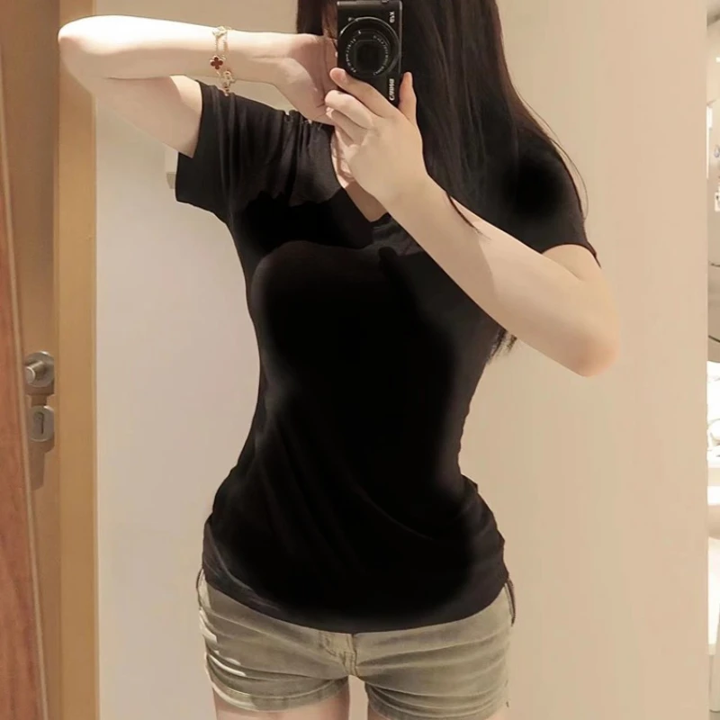T-Shirts Women Summer Hot Girls Abdomen Short Slim American Style Spicy High Waist Tops Solid Simple Leisure All-match V-Neck 6