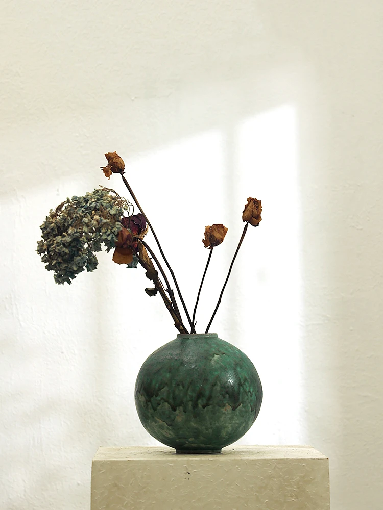 

Wabi-sabi style ceramic vase, blue glazed tabletop, entryway, TV cabinet, tea space, Japanese retro flower ornaments, decoration