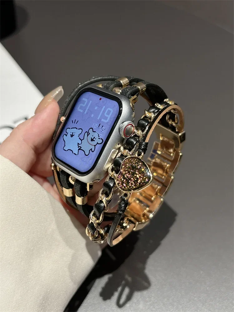 Elegant Metal and Leather Bracelet Link Watch Band Strap