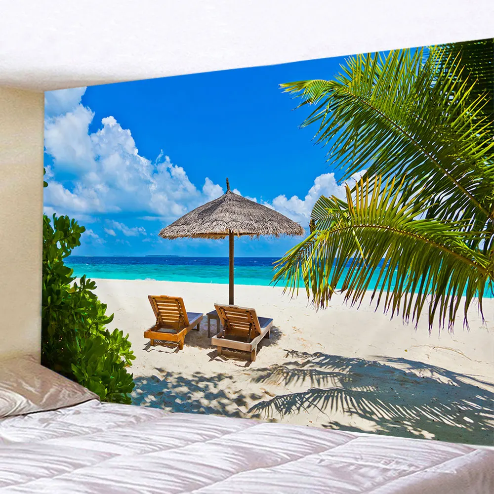 Beach Landscape Decorative Tapestry Seaside Coconut Tree Wall Hanging Art Deco Tapestry Decorations