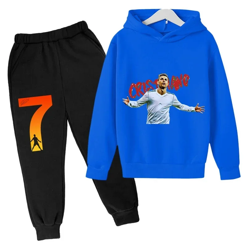 Conjunto de sudadera con capucha de primavera de Ronaldo, conjunto de 2 piezas de sudadera y pantalones azules informales para niños, ropa deportiva informal, chándal para niños