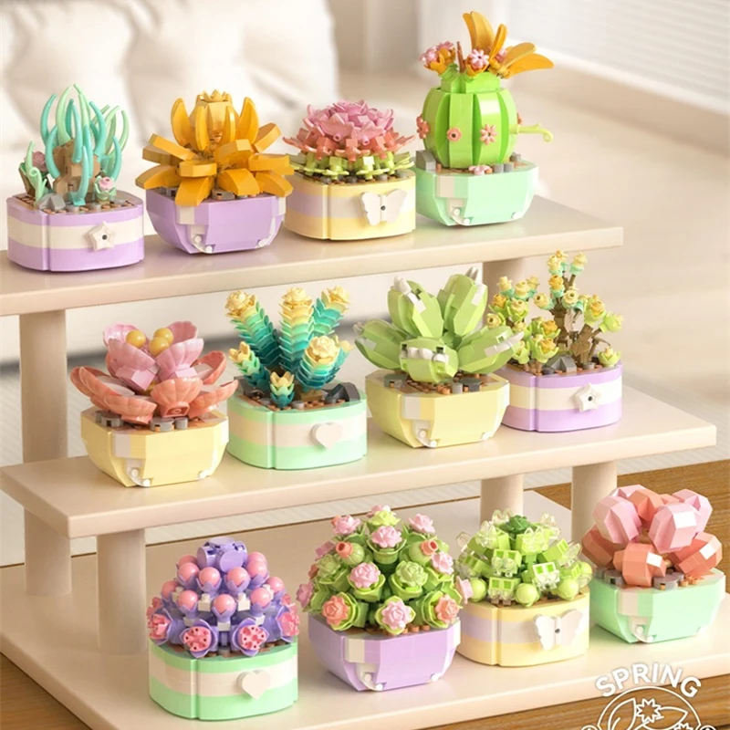 

Succulent Cactus Building Blocks DIY Potted Plants Model Romantic Garden Flower Children Toys Blocks Mini Building Bricks Toys