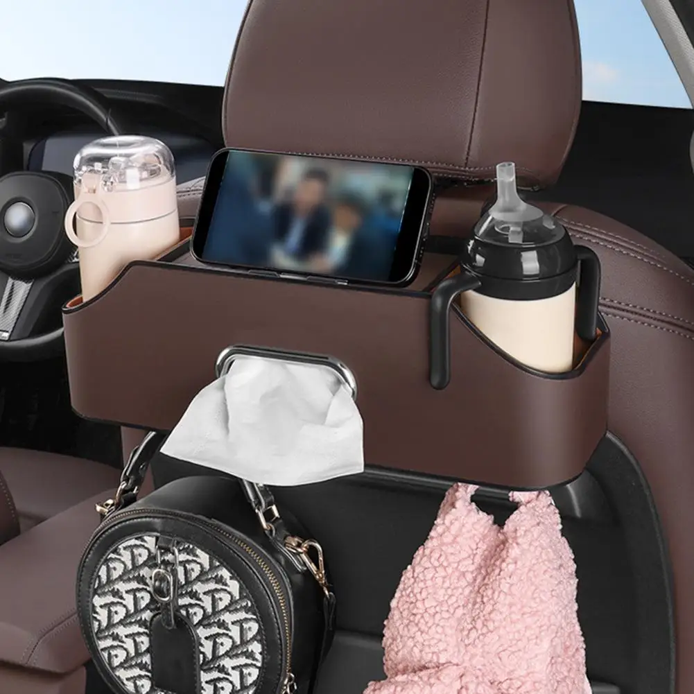 

Car Headrest Storage Box With 4 Hooks Phone Stand Cup Holder Tissue Container Multipurpose Auto Back Seat Organizer Car