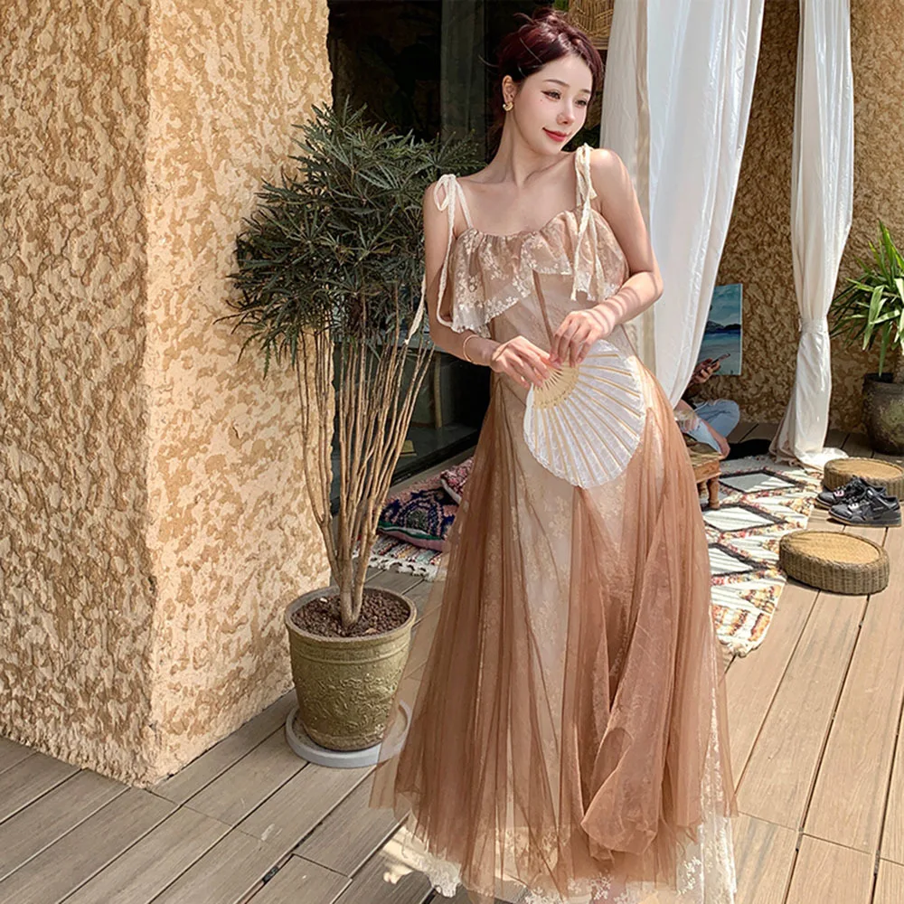 

Summer France Princess Dress 2022 Lace Vintage Elegant Fairy Party Midi Dress Women Chiffon Casual Sweet Korea Style Strap Dress