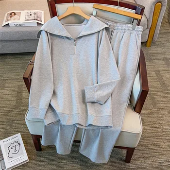 155Kg Plus Size Women's Bust 170 Spring Autumn Sweatshirt Long Pants Casual Set Gray Black 4XL 5XL 6XL 7XL 8XL 9XL