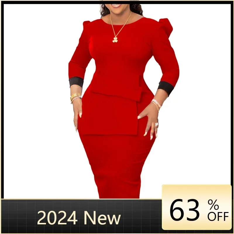 Summer Fashion Office Ladies Pencil Dress Elegant Commuter Solid Puff Sleeve Slim Dress African Women