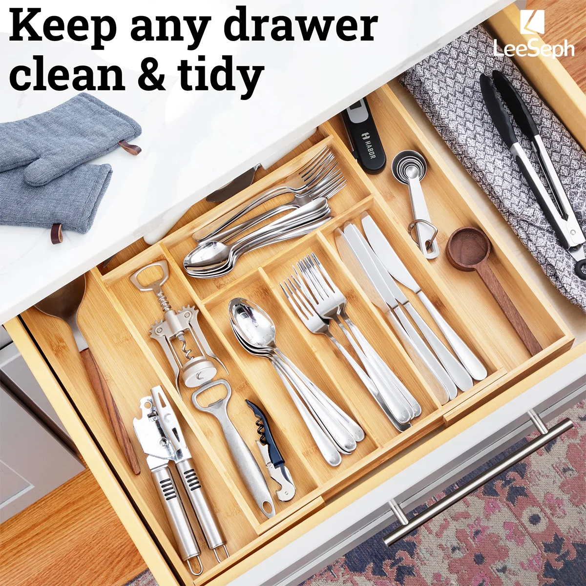 Bamboo Drawer Organizer Expandable and Adjustable Utensil Drawer Organizer Utensils Cutlery Silverware Flatware Knives cutlery organizer flatware organizer silverware organizer