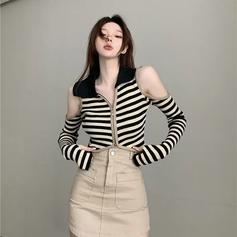 

Y2k Clothes Women Knitted Cropped Cardigan Strapless Crop Tops Kawaii Polo Neck Long Sleeve Striped Slim Coat Streetwear Korean