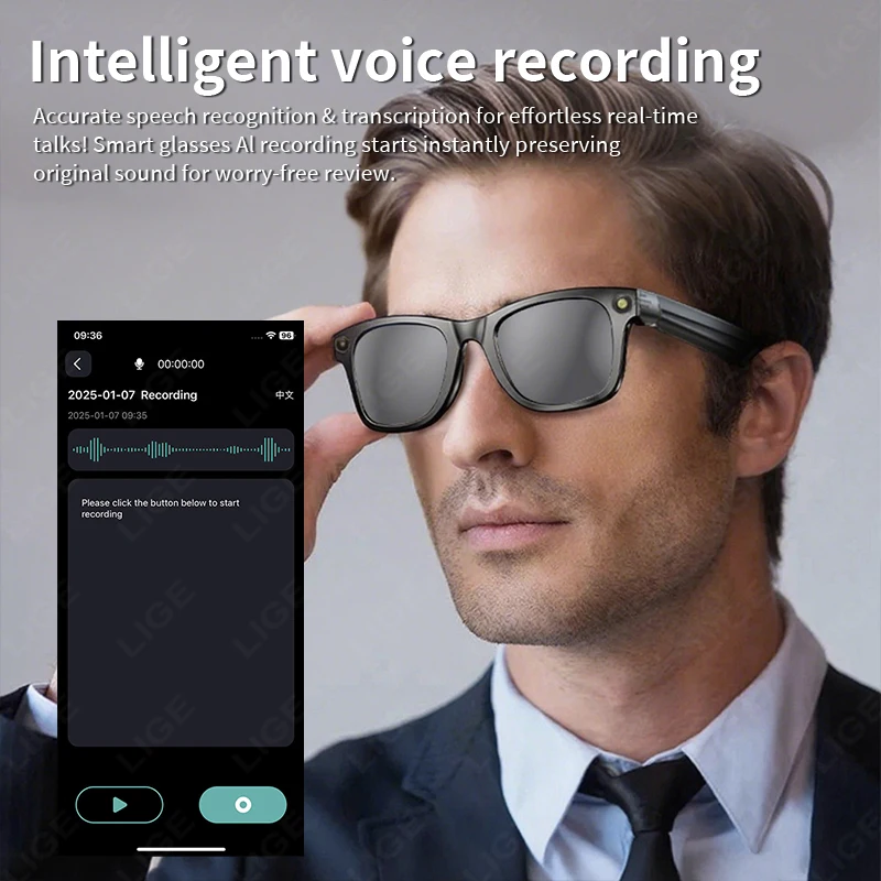 LIGE 800W Camera Glasses Bluetooth Smart Translation Glasses Camera Voice Call Music Smart Sunglasses Video Recording AI Glasses
