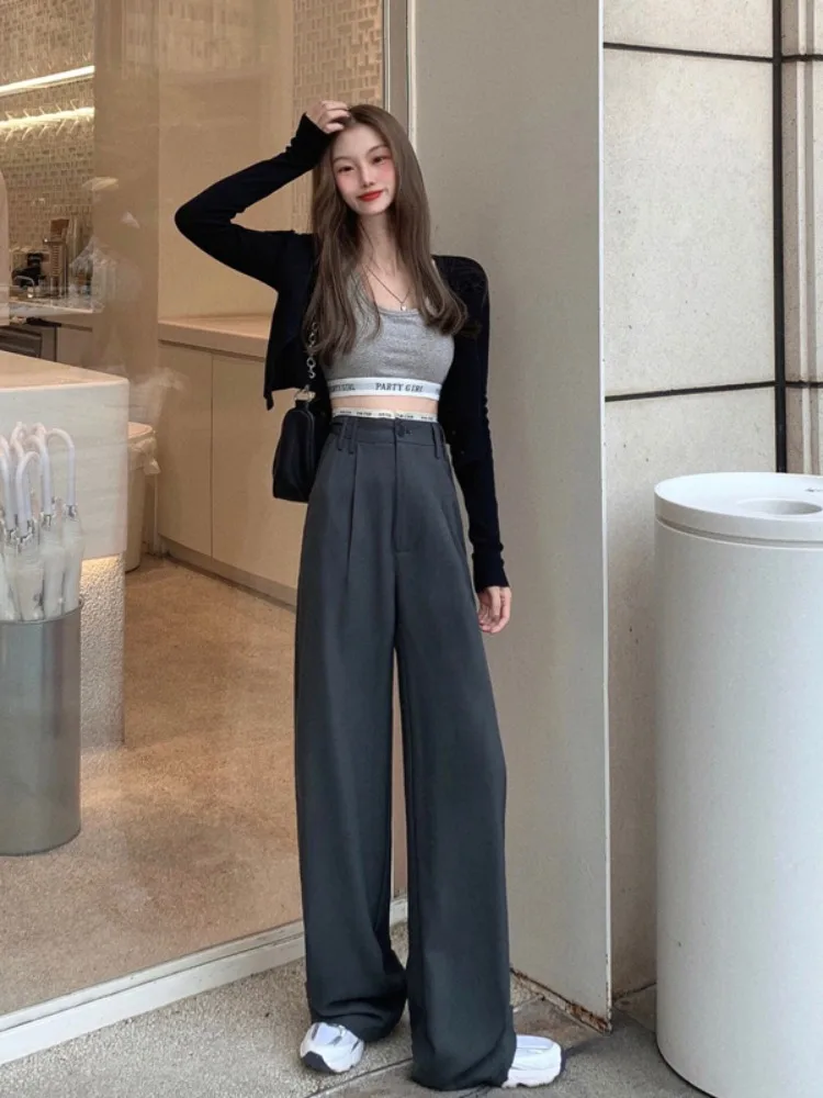 Black Wide Leg High Waist Cut Suit Pants For Women's Spring 2024 New High Waisted Drape Casual Pants High-end Straight Leg Pants