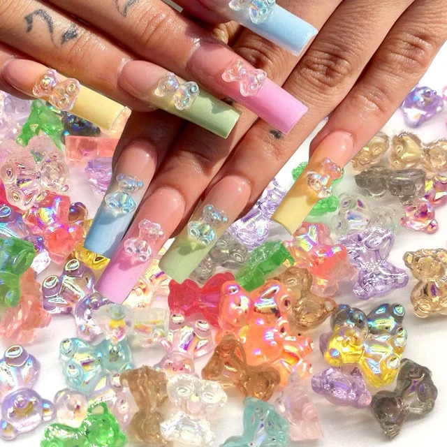 3D Bear Nail Charms 50PCS 10 Color Resin Crystal Glitter Bear