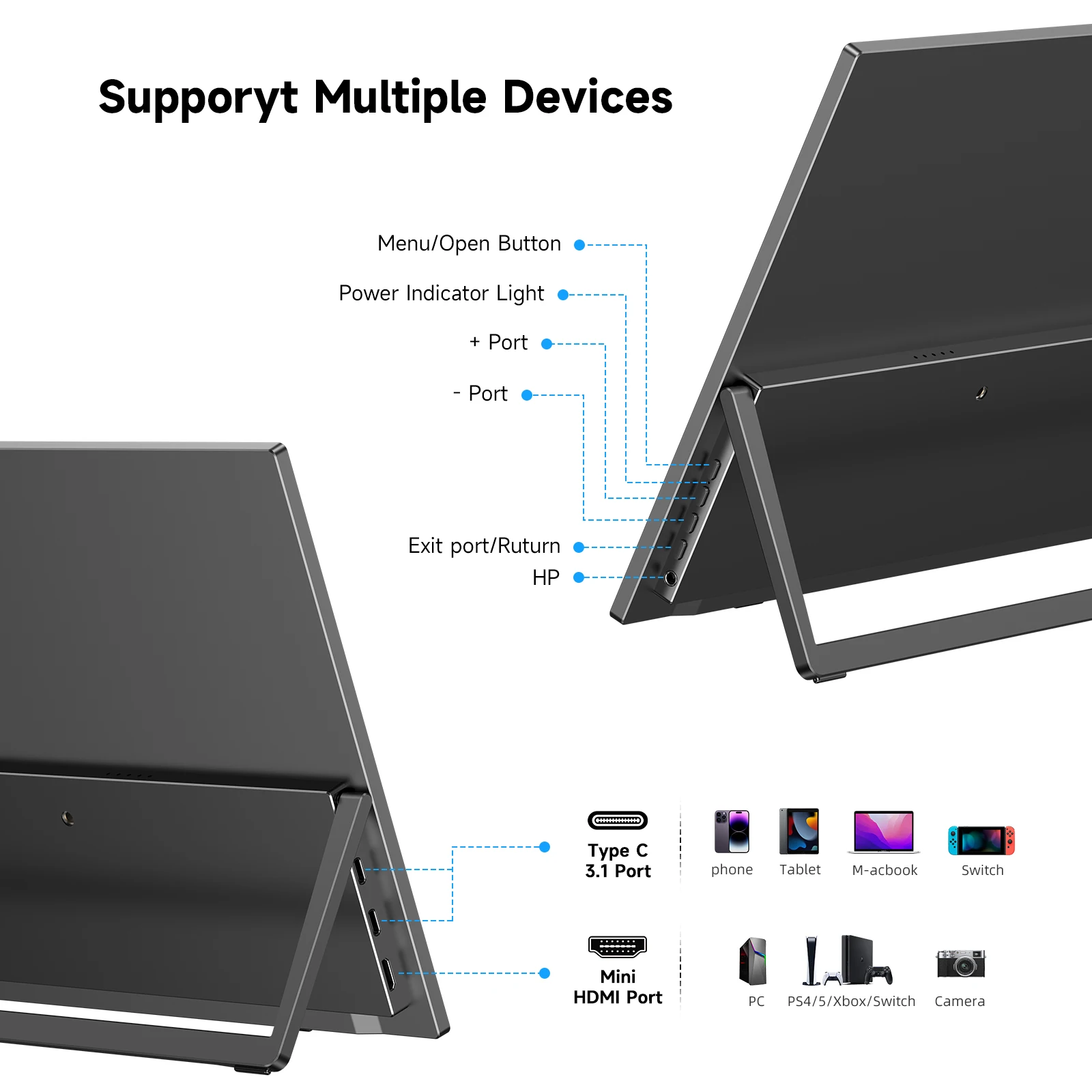 EVICIV 15.6인치 1080P IPS 무선 휴대용 모니터 8000mAh 배터리 지원 미러 캐스트 DLNA USB-C HDMI (휴대폰, 노트북, Xbox, PC용)