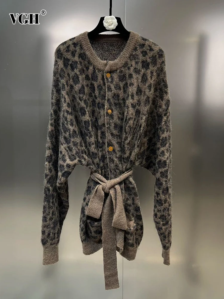 

VGH Colorblock Leopard Printing Casual Knitting Sweaters For Women Round Neck Long Sleeve Spliced Lace Up Sweater Female Style