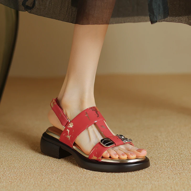 

2024 Summer new Women's Sandals natural leather 22-24.5cm printing cowhide +pigpskin t-strap back buckle platform women Shoes