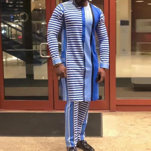 Amadi Stripped Long Sleeve Dashiki Shirt and Pant - Image 5