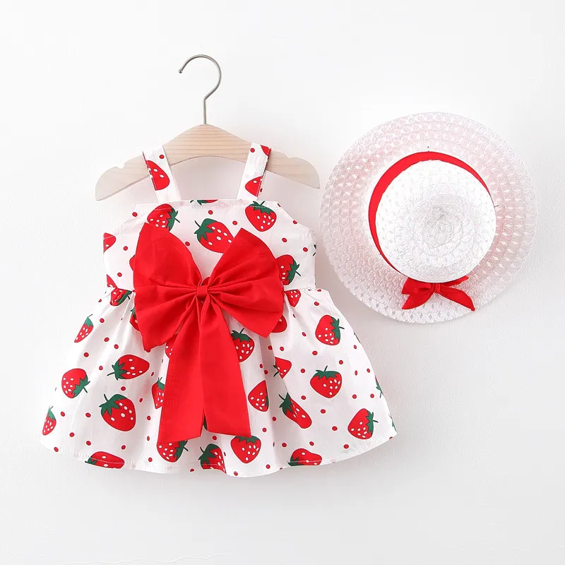 Summer Girls Sling Dress Sweet Strawberry Big Bow Cotton Cloth Skirt Comes with Hat Suitable 0-3 Year Old Babies girls dress