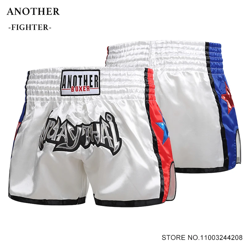 Muay Thai Shorts White Thai Boxing Shorts Child Men's Women's MMA Clothing Embroidered Muaythai Kickboxing Boxing Fight Pants