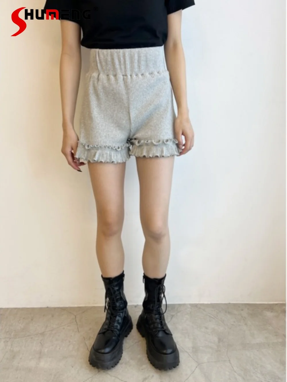 Sweet High Waisted Ruffled Hem Black Shorts for Women 2024 New Japanese Style High Elastic Cotton Solid Color Short Pants Female