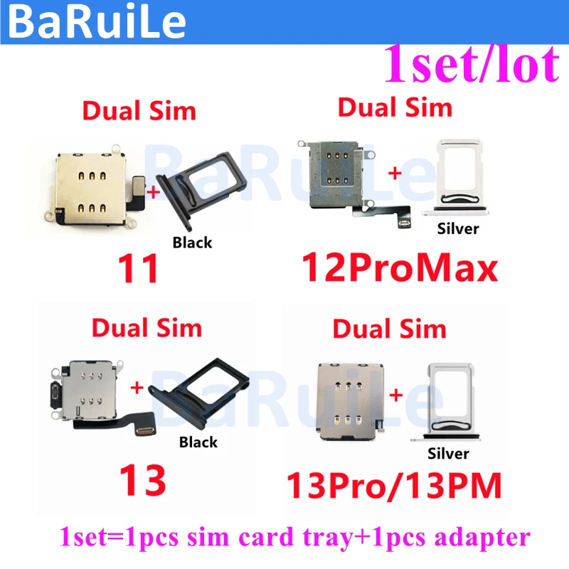 

BaRuiLe 1set Dual Sim Card Reader Connector Flex Cable For iPhone 13 11 12 Pro Max XR Sim Card Tray Slot Holder Replacement Part