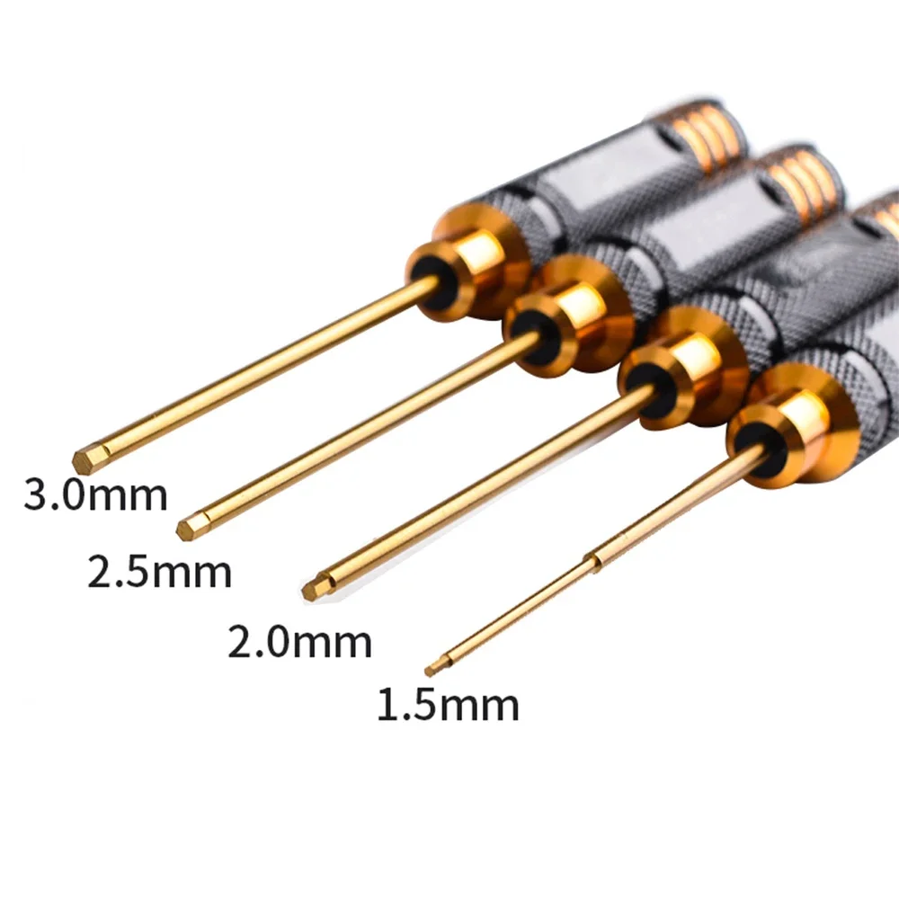 

RC Tools 4 Pcs Hex Screw Driver Set Titanium Plating Hardened 1.5 2.0 2.5 3.0mm Screwdriver for Rc Helicopter Rc Toys (1 Set)