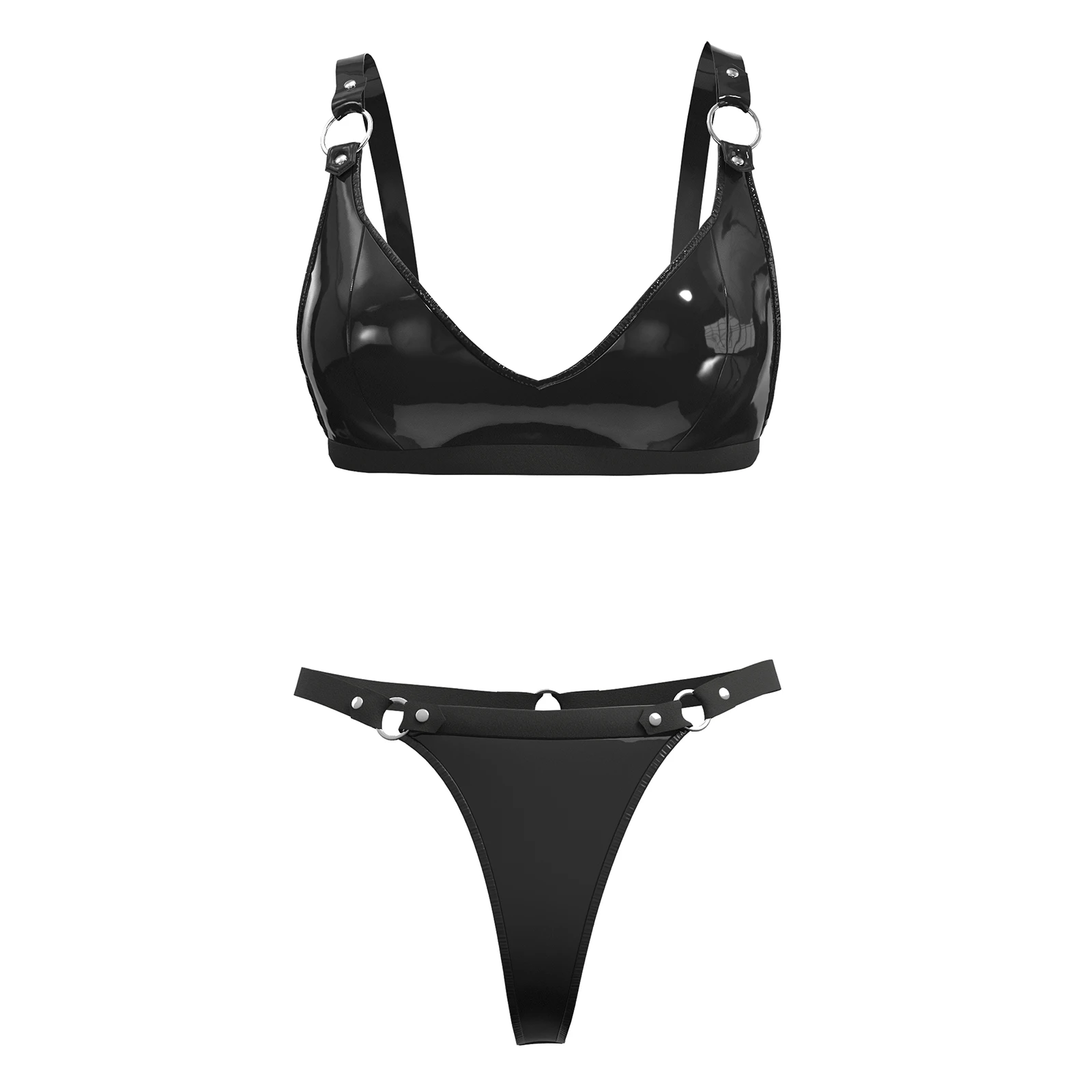 Women Sexy Leather Lingerie Set Shiny PVC Leather Bra High-Elastic Latex Shorts Female Shaping Bra Adjustable