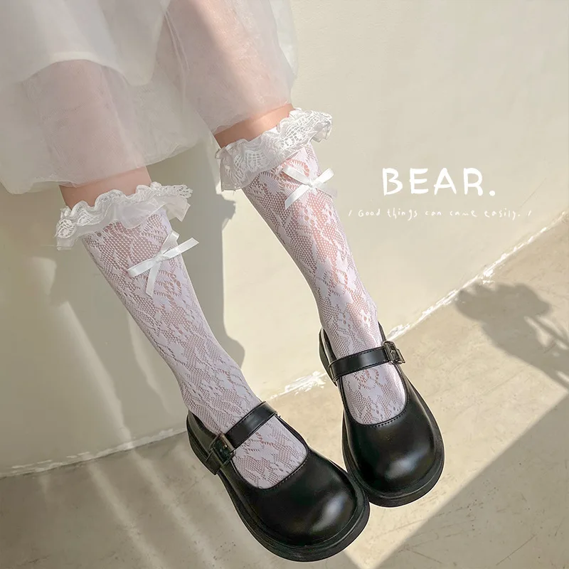 

1Pair 3-8Y 2022 spring and summer striped bow mid tube lace socks mesh lace girls socks
