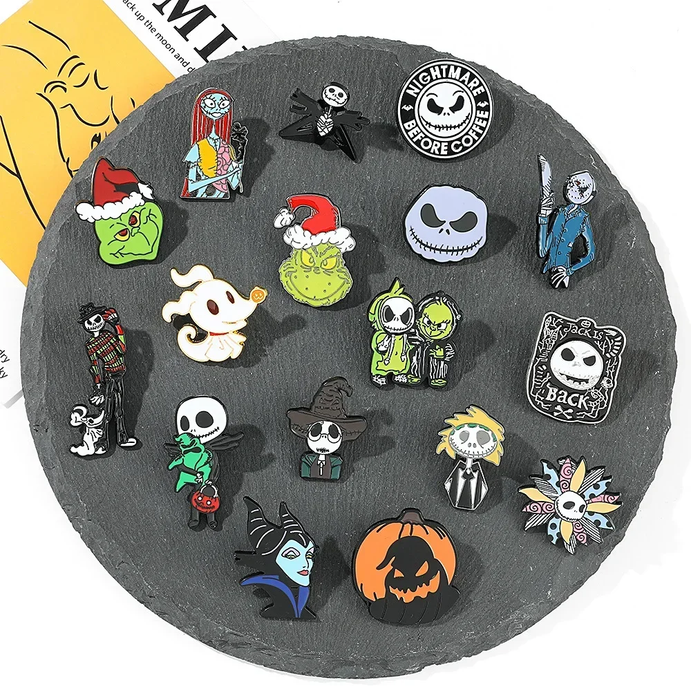 

Cartoon The Nightmare Before Christmas Brooches Jack Skellington Jewelry Metal Badges Disney Halloween Accessories Enamel Pins