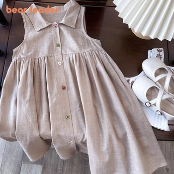 Bear Leader New Solid Baby Girl Dress Cotton Button Kids Dresses Summer Princess Party Dress Toddler Girls Sundress Kids Clothes 1