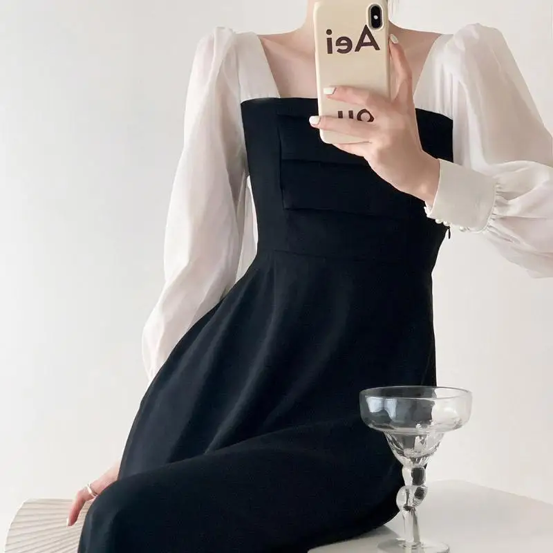 Women Dresses Summer Mesh Long Sleeve Square Vintage A-line Black