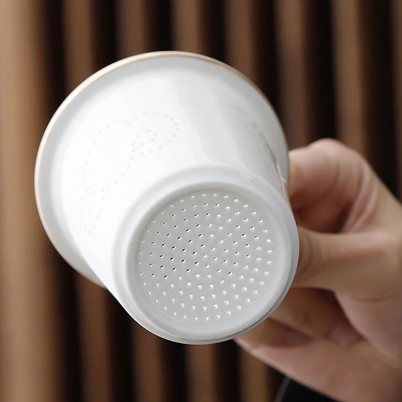 Hand-painted Landscape Pattern Series Tea Water Separating Ceramic Office goat fat Jade Porcelain Belt Cover Filter Mug, Tea Cup