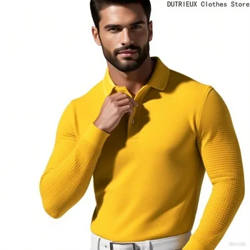 T-shirt sportiva con bottoni risvolto a maniche lunghe con motivo waffle, polo da uomo d'affari autunnale, top casual comodo e traspirante