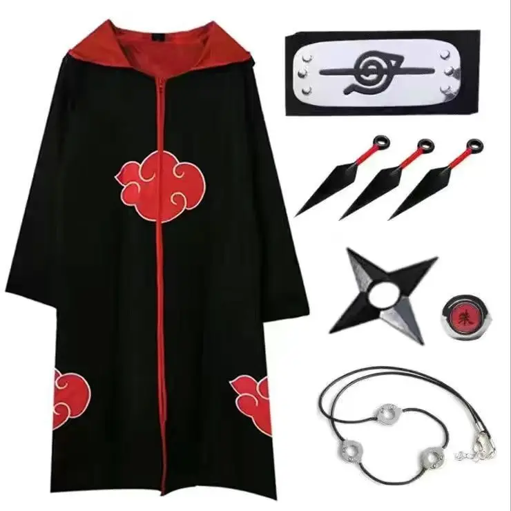 Anime Akatsuki Cosplay Costume Red Cloud Robe with Necklace Headband Ring Set for Role Play Adult Game Costume