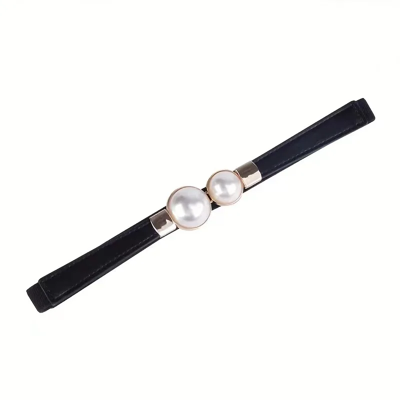 Elegant Double Pearl Buckle Women's Elastic Belt - Adjustable Thin Strap for Dresses & Trousers, Delicate Waist Accent
