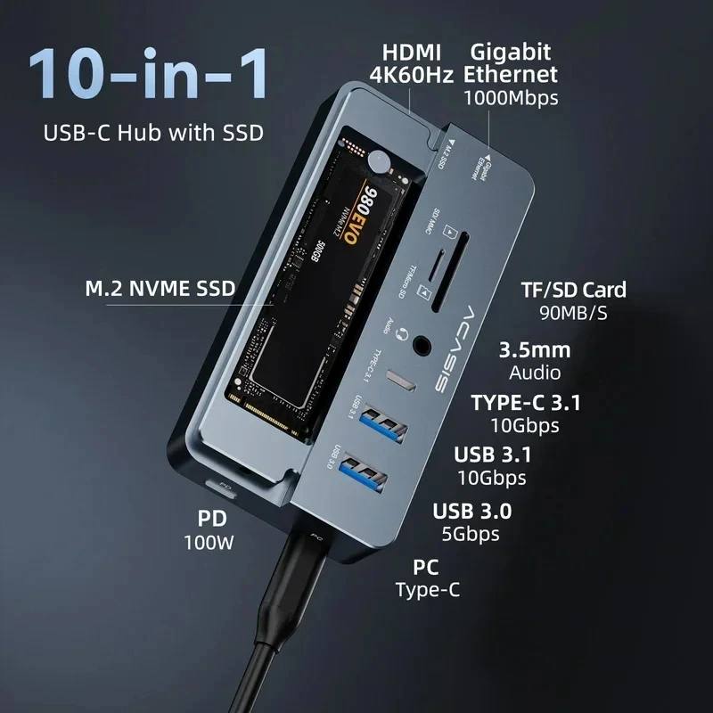 ACASIS 10-in-1 USB C 도킹 스테이션 10Gbps M.2 NVMe SSD 인클로저용 4K@60Hz HDMI 100W PD RJ45 기가비트 이더넷 TF/SD for Mac