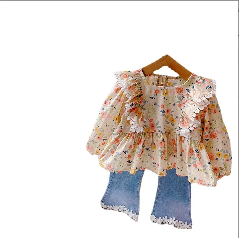 2024 Frühling und Herbst Mädchen Anzüge Kinder Mädchen Kleidung Blumen Spitze Nähte Top Denim ausgestellt Hosen Mädchen Kleidung Set – Detail 8