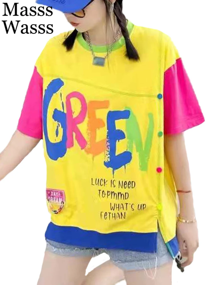 

Masss Wasss Fashion 2022 Summer Printed Vintage Womens Tee Shirts Patchwork Korean Design Ladies Clothing Harajuku Loose Tops