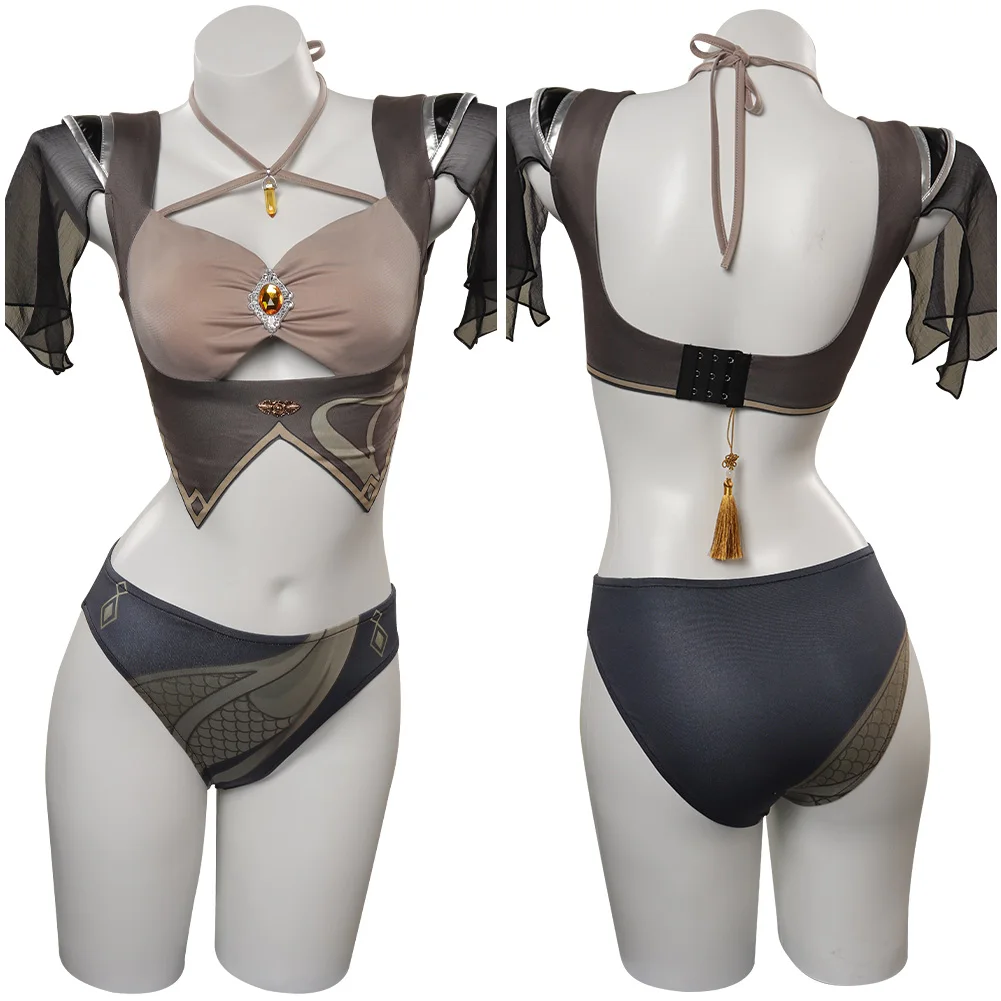 

Genshin Impact Zhongli Cosplay Swimsuit Costume Sexy Bikini for Girls Women Summer Swimwear Two-piece Bikini Halloween Suit