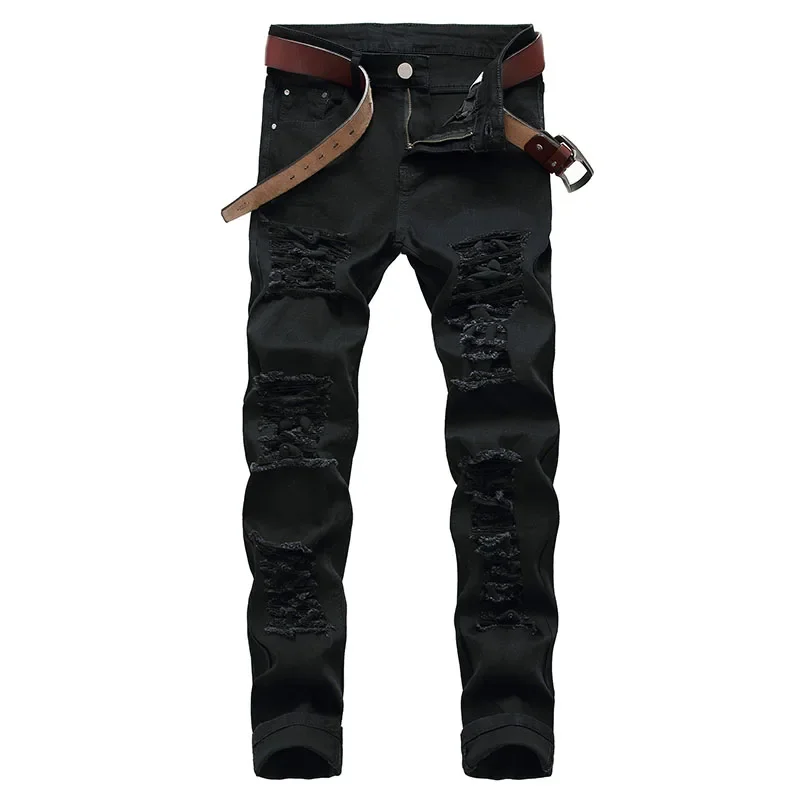 New Black Straight Hole Destruction Trousers Distressed Jeans Men Fashion Designer Stretch Casual Denim Pants Male Large Size 2021 men s gray black stretch casual jeans spring new business straight denim pants plus size 44 46 male fashion brand clothing