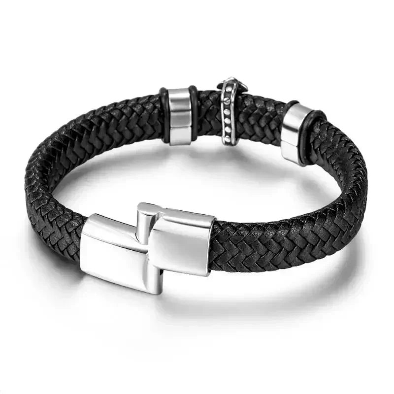 Men Fashion Classic Black Woven Leather Inlaid Cross Magnetic Hidden Safety Buckle Business Casual Bracelet