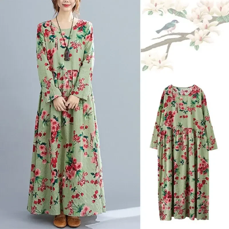 Eno Plus Size Abito Lungo Allentato Floreale Manica Lunga Cotone Lino Donna Maxi Abiti Vintage Girocollo