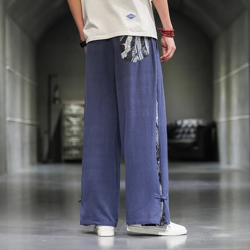Men Chinese Style Wide Leg Flared Pants Men's National Style Casual Hip Hop Kung Fu Pants Hanfu Traditional Trousers Streetwear