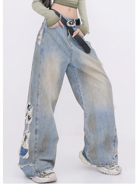 Pantalones vaqueros rectos de pierna ancha con diseño de agujeros