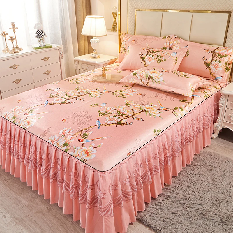 

Ice Silk Bed Skirt Three Piece Set Green Summer Anti-skid Lace Bedspread Lace European Style Mattress Dust Protection Bed Cover