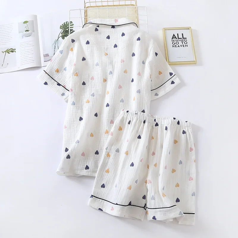 New Women's Pajamas Set Heart Printed Crepe Cotton Double-layer Gauze Turn-down Collar Ladies Long-sleeve Trouser Household Wear