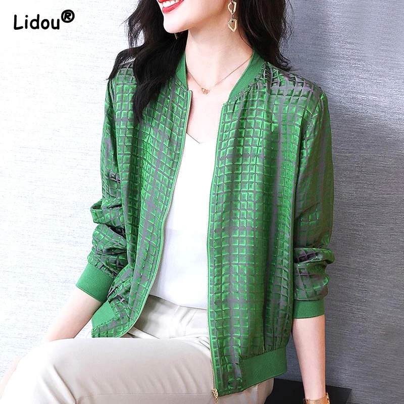 Fashion Plaid Silk Baseball Short Jacket Green Glossy Finish Streetwear Women's Clothing O-Neck Loose Spring Summer Zipper Trend
