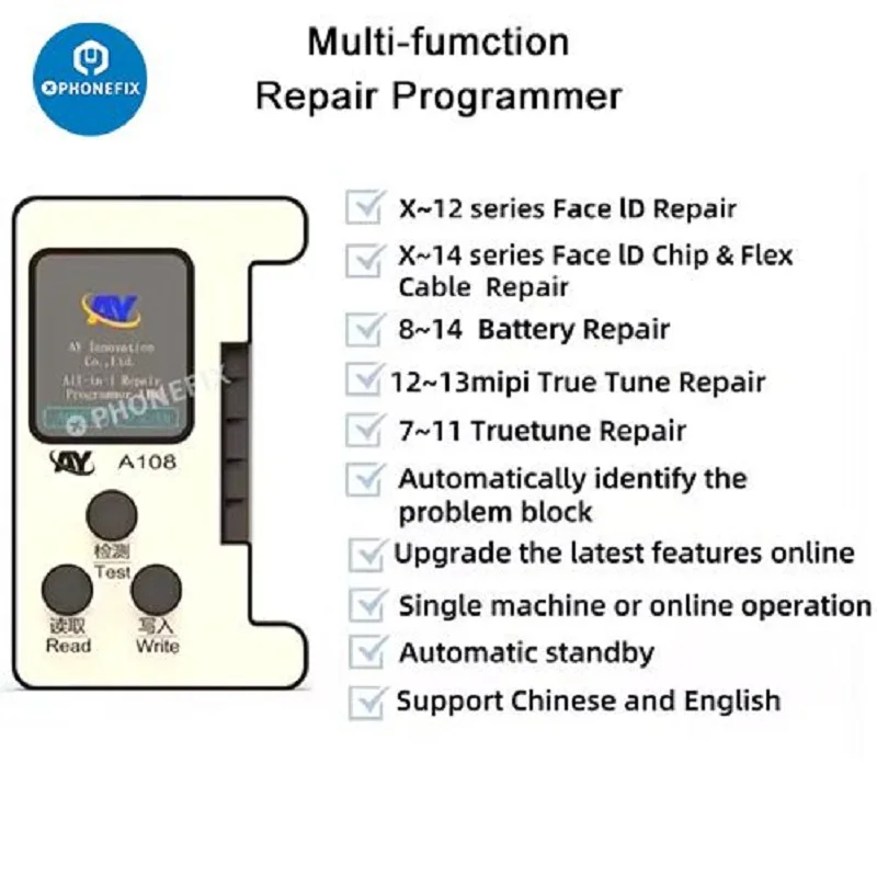 Ay A108 Box Face Id Programmer Per Iphone X-15 Pro Max Dot Matrix Projector Repair True Tone Fix Battery Health Data Change Tool