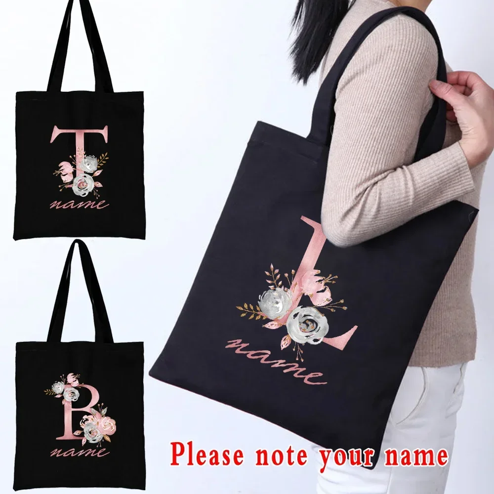 

TOUB024 Women Canvas Shoulder Bag Pink Flower Letter Customize Name Handbag Ladies Casual Tote Bag