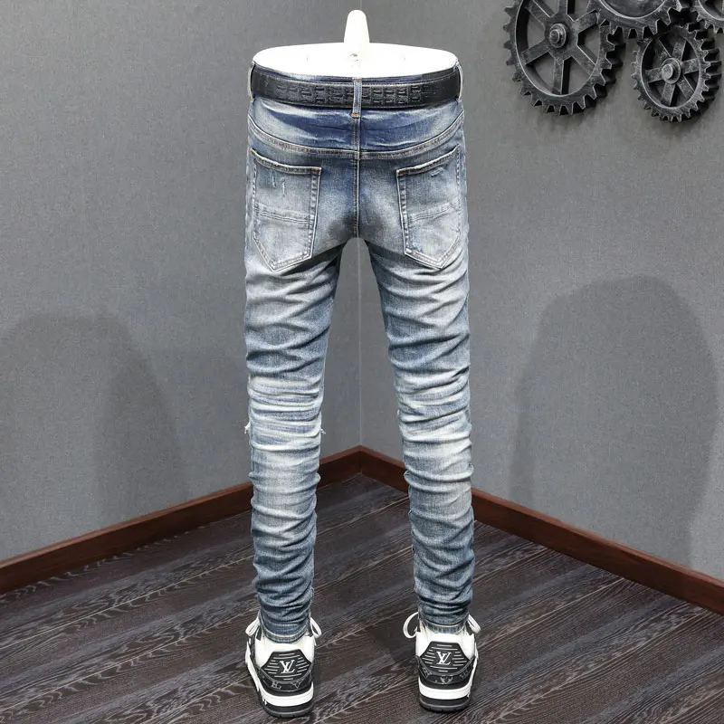 High Street Fashion Men Jeans Retro Blue Stretch Skinny Fit Ripped Jeans Men Leather Patched Designer Hip Hop Brand Pants Hombre
